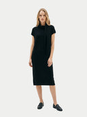 Women's Black Cashmere Tie-Neck Dress worn by model, front view on white background #color_black