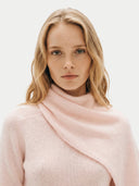 Women's Peach Blush Cashmere Sweater with Draped Scarf worn by model, detail view on white background #color_light-blush