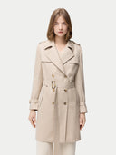 Women's Double Breasted Cashmere Trench Coat Warm Grey worn by model detail view on white background #color_dusty-beige