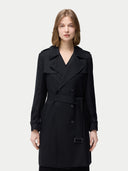 Women's Double Breasted Cashmere Trench Coat Black worn by model detail view on white background #color_black