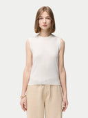 Women's Cashmere Silk Sleeveless Top Whisper White worn by model, detail view on white backround #color_pure-white