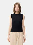 Women's Cashmere Silk Sleeveless Top Black worn by model, detail view on white backround #color_graphite-black