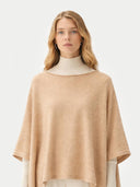 Women's Boat-Neck Cashmere Poncho Beige worn by model, detail view on white background #color_beige #ai-image