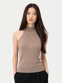 Women's Taupe Cashmere Turtleneck Top worn by model, detail view on white backround #color_taupe #ai-image