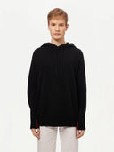 Men's Cashmere Pullover Black worn by model, detail view on white background #color_black