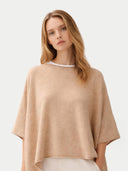 Women's Beige Cashmere Knitted Poncho worn by model, detail view, on white background #color_beige #ai-image
