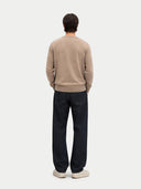 Men's Taupe Cashmere V-neck Cardigan worn by model, back view on white background #color_taupe #ai-image