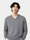 Men's Gray Cashmere V-Neck Sweater worn by model, detail view on white background #color_gray #ai-image