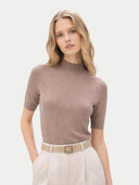 Women's Cashmere Silk Shirt with High Neck Taupe worn by model, detail view on white background #color_stone-taupe #ai-image