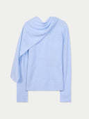 Women's Light Blue Cashmere Sweater with Draped Scarf detail view on white background #color_muted-blue