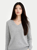 Woman wearing a gray cashmere sweater on a white background #color_urban-silver #ai-image