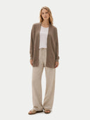 Women's Ajour Knit Open-Front Cashmere Cardigan Taupe worn by model, front view on white background #color_taupe #ai-image