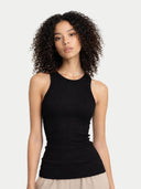 A black ribbed knit sleeveless tank top with a crew neck, displayed flat against a light gray background. #color_black #ai-image
