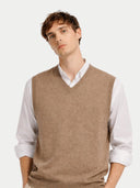Men's Taupe Cashmere Vest worn by model, detail view on white background #color_taupe #ai-image