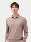 Men Classic Polo Shirt with Long Sleeve Taupe worn by model, detail view on white background #color_stone-taupe #ai-image