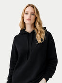 Women's Cashmere Pullover Hoodie Black worn by model, detail view on white background #color_black #ai-image