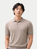 Men Classic Polo Shirt with Short Sleeve Taupe Men worn by model, detail view on white background #color_stone-taupe #ai-image