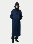 Unisex Cashmere Trench Coat Navy Blazer worn by model front view on white background #color_navy