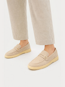Unisex Beige Cashmere Loafers worn by model, detail view on white background #color_dusty-beige