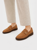 Unisex Almond Cashmere Loafers worn by model detail view on white background #color_golden-brown