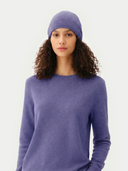 99 Cashmere Hat & Sweater Set Dusted Peri worn by model, detail view on white background #color_purple #ai-image