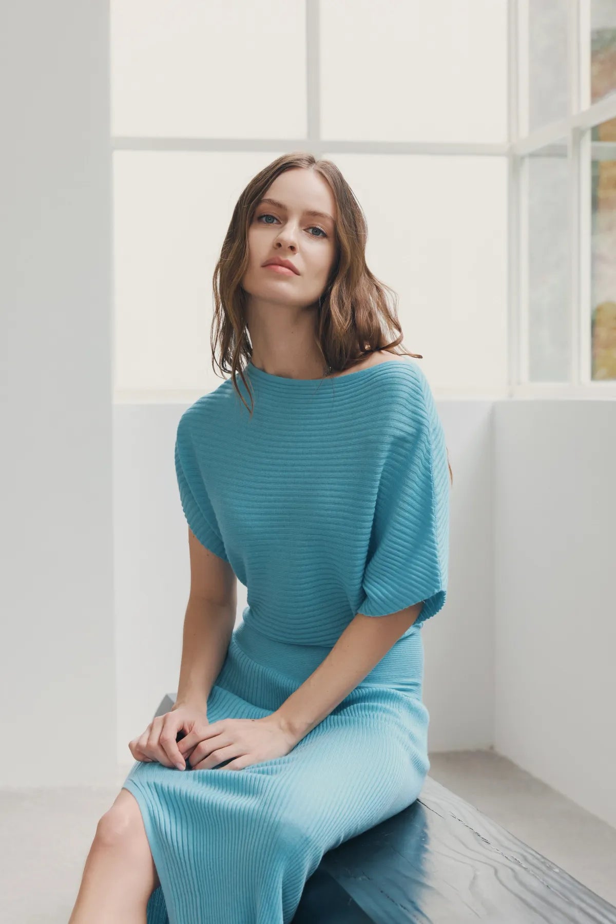 Pastel blue Asymmetrical cut Cashmere Dress | GOBI Cashmere
